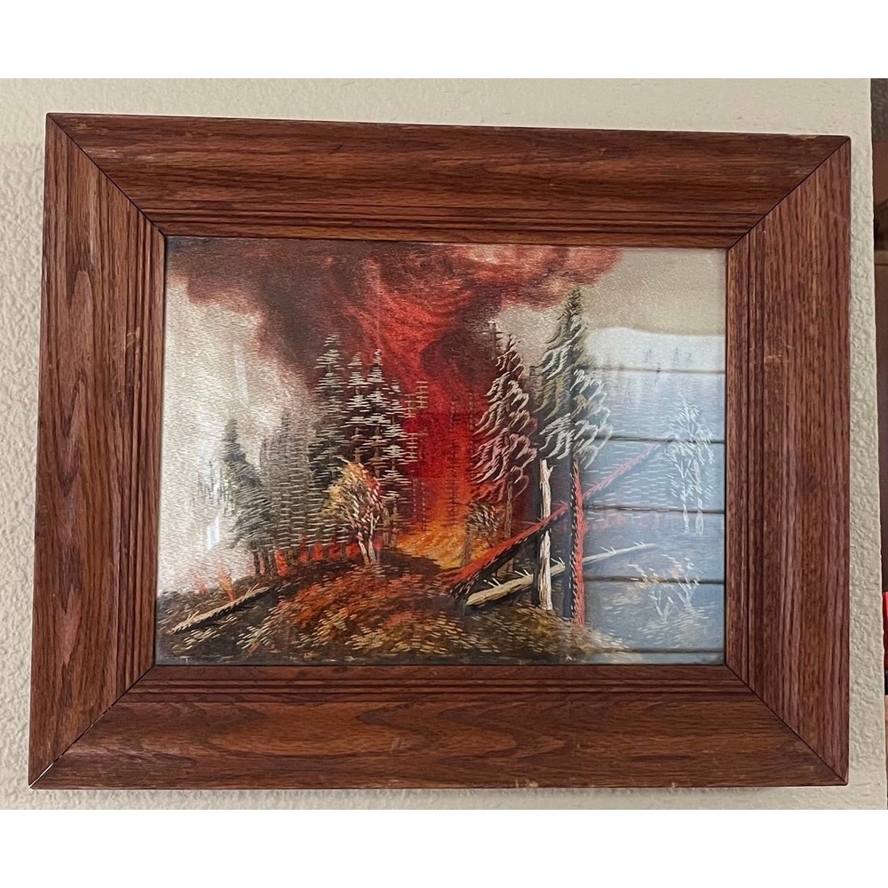 Antique Japanese Silk Crewel Needlepoint Forest Fire